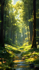 Obraz premium Serene Forest Oasis with Towering Trees, Meandering Stream, and Vibrant Wildflowers