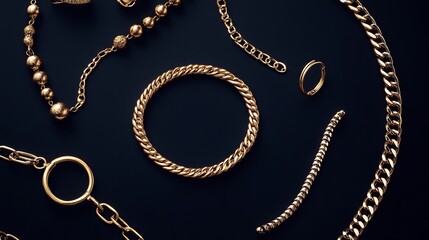 Elegant Golden Jewelry on Black Background: Rings, Chains, Necklaces
