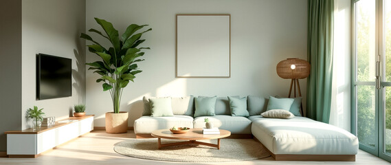 Obraz premium modern living room with a light beige sectional sofa and soft green cushions bathed in sunlight