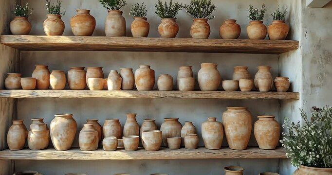 Rustic wooden shelves display a collection of handmade ceramic pots and vases in warm earth tones.