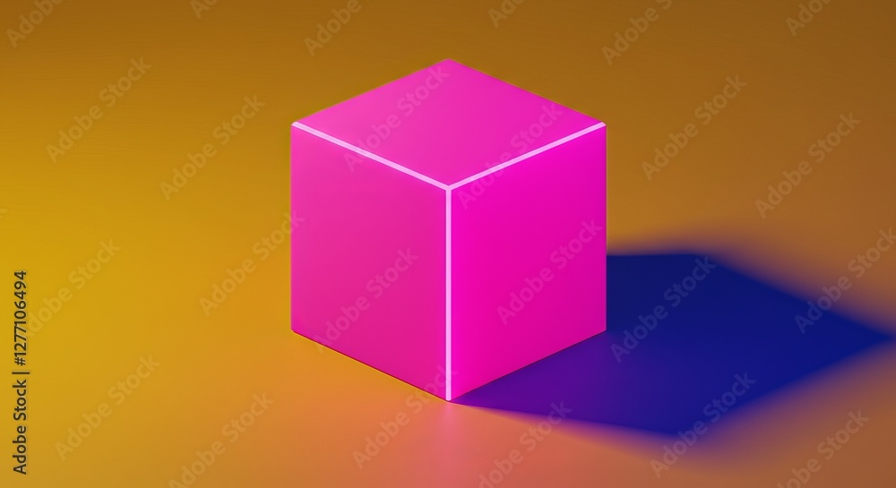 Poster glowing pink cube with colorful gradient shadow on orange background