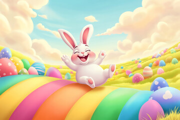A playful, cartoon-style Easter Bunny sliding down a rainbow into a field of candy-colored Easter eggs, laughing joyfully.