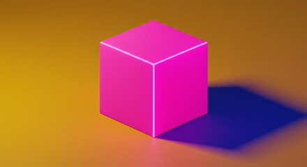 Fototapeta premium Glowing pink cube with colorful gradient shadow on orange background
