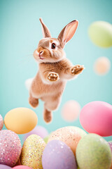 Fototapeta premium A playful Easter Bunny jumping into a pile of soft, pastel-colored Easter eggs, creating a joyful splash of vibrant hues and sparkles.