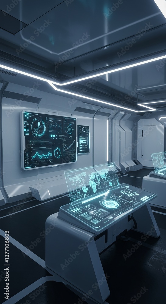 Poster futuristic control room with digital interfaces in spacecraft setting