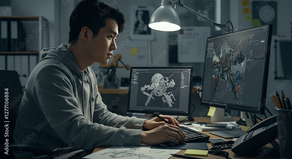 Poster asian man working on 3d character design in dimly lit office. digital artist creating animated figur