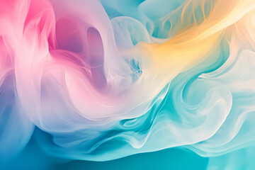 Surreal, dream-like background with abstract, fluid shapes blending together in a palette of soft blues, pinks, and yellows, creating a calm, ethereal atmosphere with gentle curves and patterns