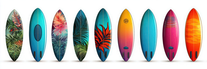 A set of colorful surfboard vector illustrations on a white background.