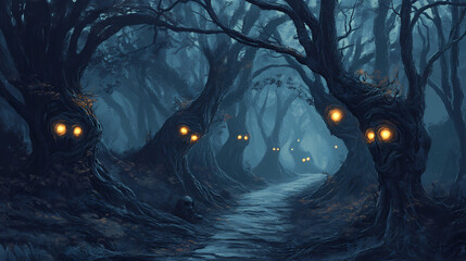 A haunting forest path, lined with twisted trees, each bearing glowing eyes that pierce the darkness. a sense of unease lingers in the air. Surreal Haunted Forest. Illustration