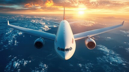 Arafplane soaring above clouds during a vibrant sunset, with the sun casting warm hues across the sky, creating a breathtaking view.
