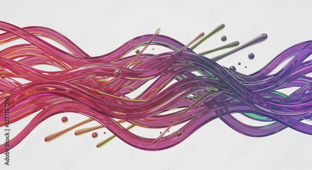 Poster colorful abstract wave ribbons and floating bubbles in dynamic motion