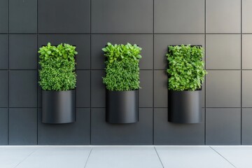 Fototapeta premium Lush greenery in sleek cylindrical pots contrasts beautifully wi