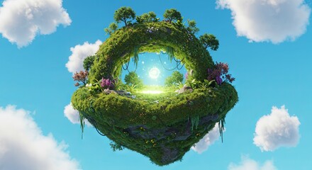 Floating island paradise: surreal serenity in a lush, leafy oasis surrounded by majestic clouds