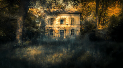 A mystical, long-exposure vertical shot captures a creepy abandoned house nestled within a dark, fairytale summer forest. Surreal Haunted Forest. Illustration