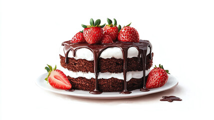 Illustration of chocolate cake with strawberries, choco sauce and cream isolated on white background , food.