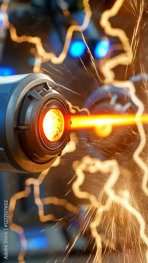Poster laser beam cutting through the darkness in a high-tech workshop setting with sparks flying around