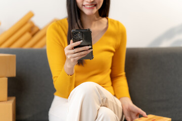 Empowered Entrepreneur: A smiling woman, deeply engaged with her smartphone, surrounded by shipping boxes, embodies the spirit of a modern entrepreneur, ready to grow her business.