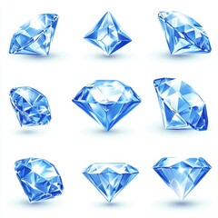 Fototapeta premium Various brilliant blue diamonds of different cuts and shapes arranged aesthetically on a white background