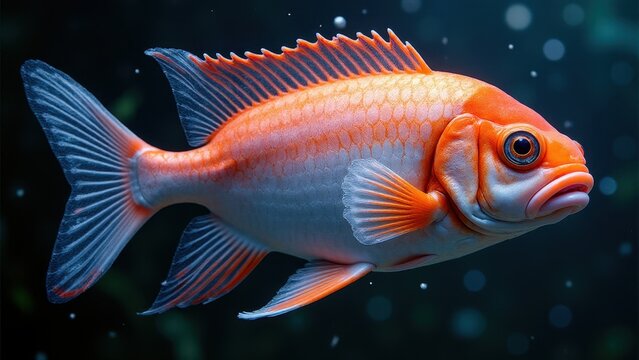 A vibrant orange fish with detailed scales and fins swims in a dark, aquatic environment.