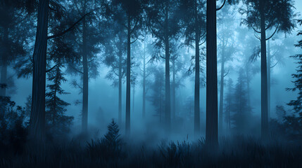 Background with abstract dark misty forest scene at dusk with tall trees design for halloween. Surreal Haunted Forest. Illustration