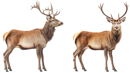 Red deer collection (portrait, standing, side view), animal bundle isolated on a white background.