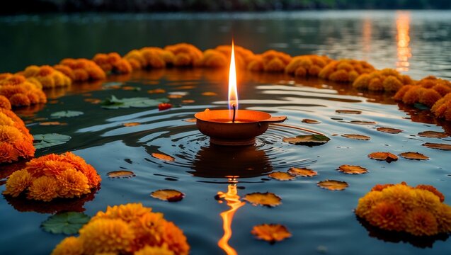 Flickering oil lamp on a serene river during pitru paksha