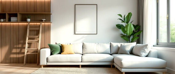 light gray sectional sofa with muted green and yellow pillows in a minimalist living room