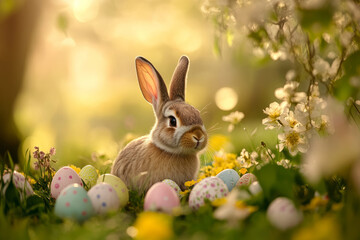 A traditional Easter Bunny surrounded by a forest of colorful Easter eggs and delicate spring flowers, with a soft golden glow in the background.