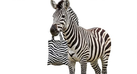 Fototapeta premium Zebra holding a matching striped bag against white background