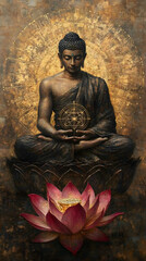 A Buddha with a lotus flower, sitting cross-legged and floating in the air

