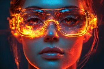 A close-up portrait of a woman in glasses, illuminated by a vibrant glow, highlighting her features and the artistic background.