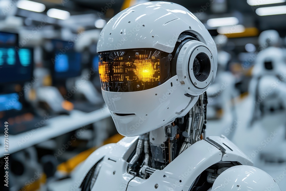 Poster a robot stands in a modern room, equipped with a computer, showcasing advanced technology in a futur