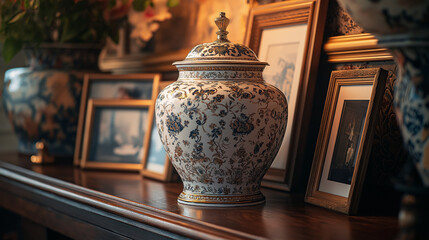 Elegant decorative urn and vintage photo frames arrangement for classic home decor