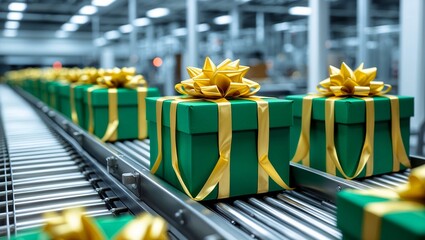 Green gift boxes on conveyor in modern facility