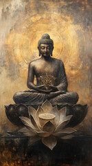 A Buddha with a lotus flower, sitting cross-legged and floating in the air
