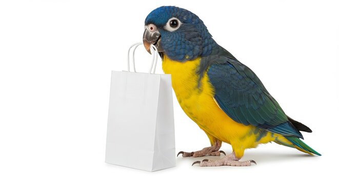Colorful parrot with shopping bag isolated on white background