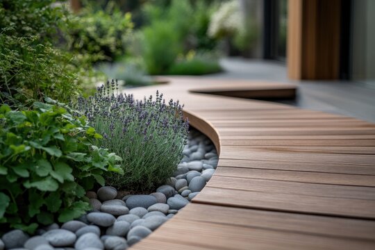 Curved wooden pathway surrounded by lush greenery and smooth peb