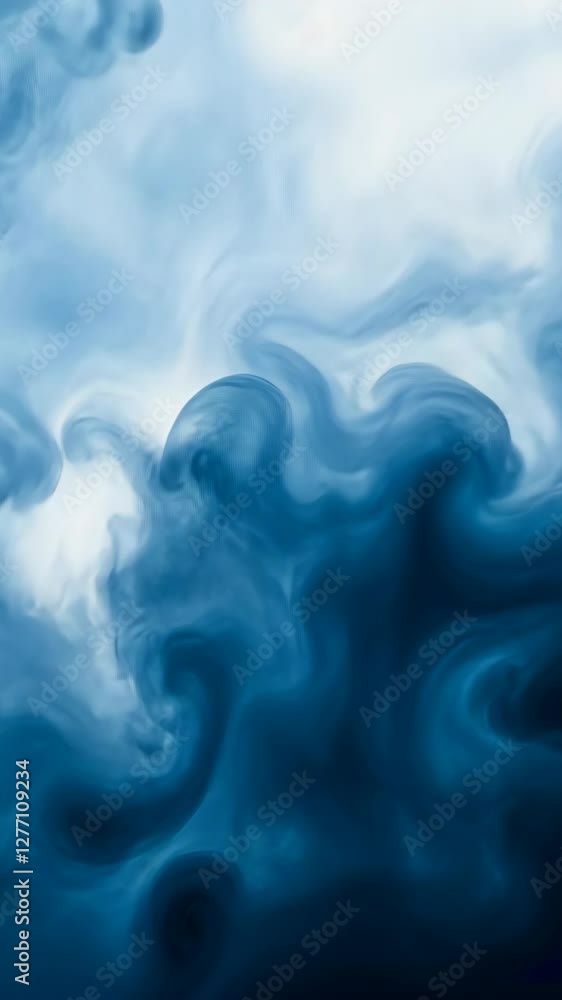 Poster swirling blue and white abstract patterns created by mixing colors in a fluid art style