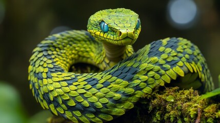 Fototapeta premium Stunning green and black-scaled snake coiled on moss in a tropical forest