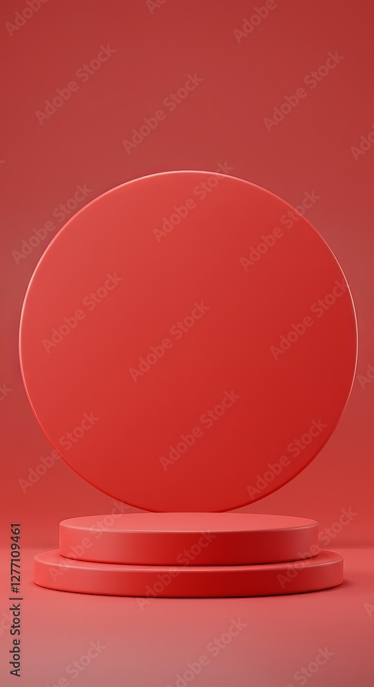 Poster minimalist red podium with circular backdrop on monochromatic background