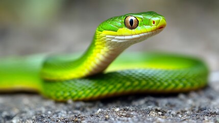 Bright green snake resting on the ground with striking golden eyes