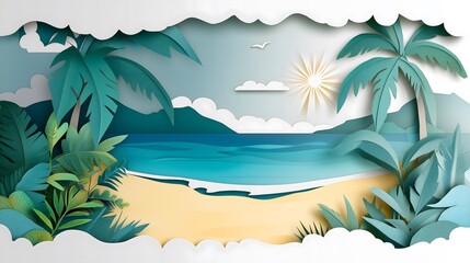 Fototapeta premium Tropical paper cut art beach landscape