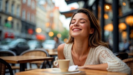 Joyful moment at outdoor cafe with city vibes