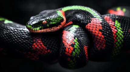 Obraz premium Black snake with red and green markings in a striking close-up shot