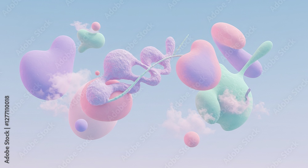 Poster surreal pastel abstract shapes floating in a dreamy sky with soft clouds
