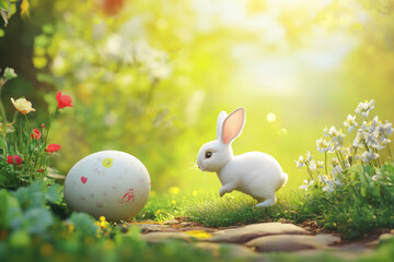 A playful Easter Bunny rolling a giant Easter egg across a garden path, leaving a trail of tiny flowers blooming in its wake.
