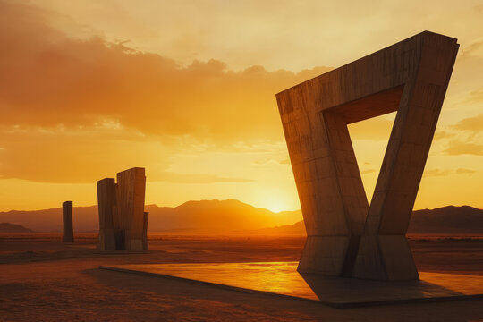 A surreal brutalist monument standing alone in an empty desert, with towering geometric structures casting long, dramatic shadows under a deep orange sunset.