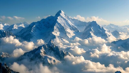 Majestic snow-capped mountains above a sea of clouds