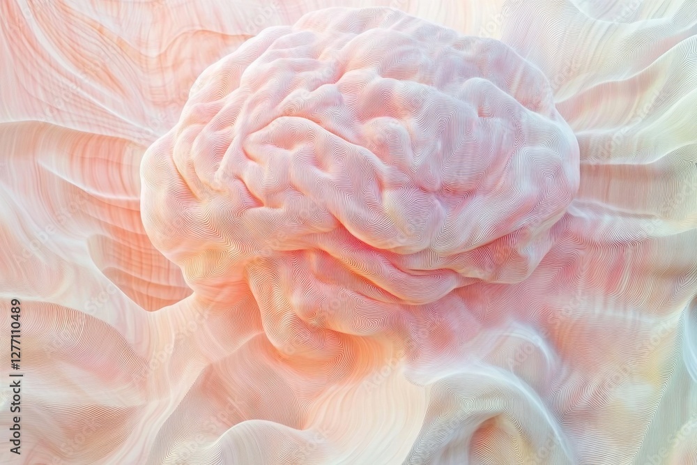 Poster intricate 3d rendering of a brain surrounded by soft pastel textures in a surreal environment