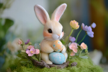 Obraz premium A sweet Easter Bunny sitting on a patch of grass, surrounded by pastel-colored flowers, gently holding an Easter egg in its paws.